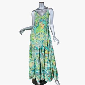 Rhea Fashions Style Print Maxi Dress Silk Blend Boho Tiered Women’s One Size NEW
